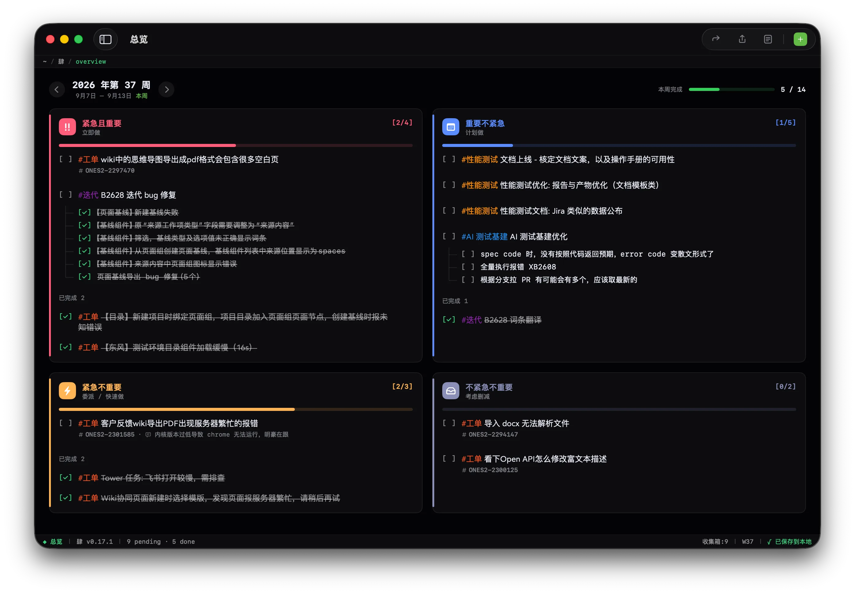 肆的总览界面。本周任务分在四个象限里，每个象限有独立的进度条、多级子任务和已完成折叠区，顶部是本周进度